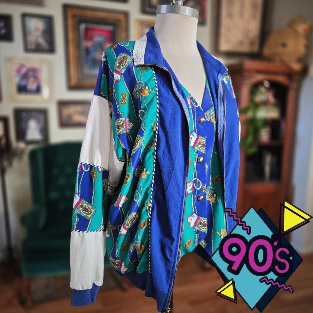 Silver Threads Nautical Jacket‎ Vest Set Vintage 90s Blue Green Gold Large USA